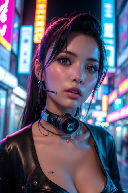 Cyberpunk,1girl,long hair,blurry,neon lights,looking at viewer,(cyberpunk:1.4),black hair,blurry background,depth of field,science fiction,jacket,outdoors,black eyes,best quality,masterpiece,illustration,an extremely delicate and beautiful,CG,unity,8k wallpaper,(((realistic))),Amazing,finely detail,masterpiece,official art,extremely detailed CG unity 8k wallpaper,incredibly absurdres,huge filesize,ultra-detailed,highres,extremely detailed,beautiful detailed girl,<lora:Cyberpunk_20240131072835:0.8>,