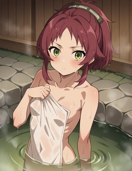 score_9, score_8_up, score_7_up, source_anime,aishagreyrat, <lora:aisha-greyrat-s2-ponyxl-lora-nochekaiser:1>,aisha greyrat, green eyes, ponytail, red hair,nude, naked, small breasts,outdoors, onsen, towel, naked towel, steam, bathing, nude cover, partially submerged, water, bath, steam censor, wet towel, blush,solo, dutch angle, looking at viewer, cowboy shot,