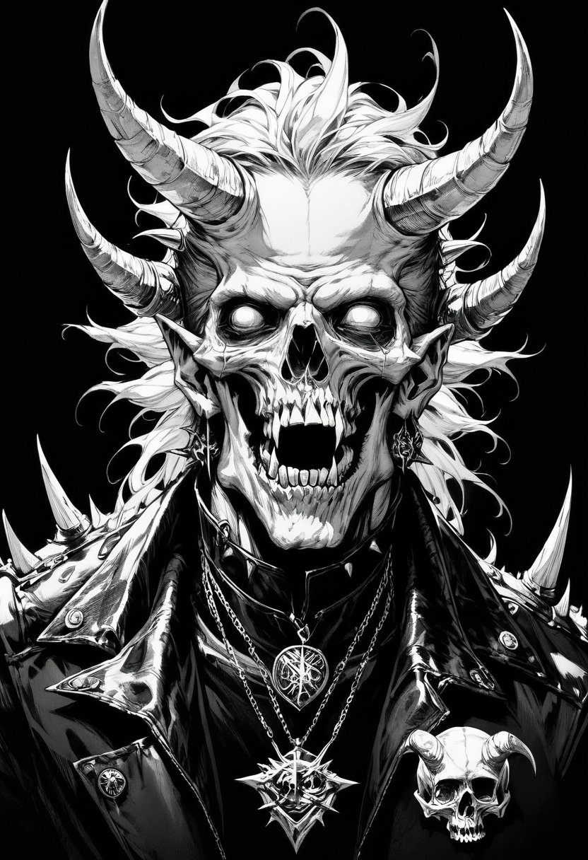 (score_9, score_8_up), score_7_up, zPDXL, solo, looking at viewer, open mouth, 1boy, jewelry, jacket, monochrome, upper body, greyscale, male focus, horns, teeth, necklace, fangs, sharp teeth, black background, spikes, skull, leather, badge, demon, leather jacket, horror (theme), goat <lora:GRIM_v1:0.9>