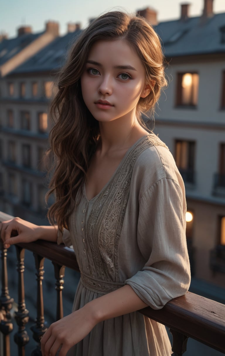 A girl, on the top floor balcony, holding on to the railing, looking at the audience,very aesthetic, highres, 4k, 8k, intricate detail, cinematic lighting, amazing quality, amazing shading, detailed Illustration, official artwork, wallpaper, official art, extremely detailed eyes and face, beautiful detailed eyes,  full body, 