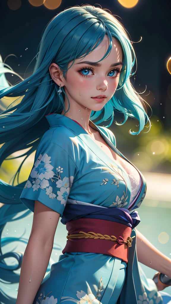 (best quality, masterpiece, colorful, highest detailed) upper body photo, fashion photography of cute (young cute french girl), floating blue hair, long hair, (water:0.7), waterdrop, wet, high detailed blue kimono texture, intricate pattern, ultra detailed, (textured clothing), (ultra-detailed body), (light smile:0.3), softlight passing through hair, (monochromatic bokeh background), (dynamic angle), (intricate details), (dynamic angle)