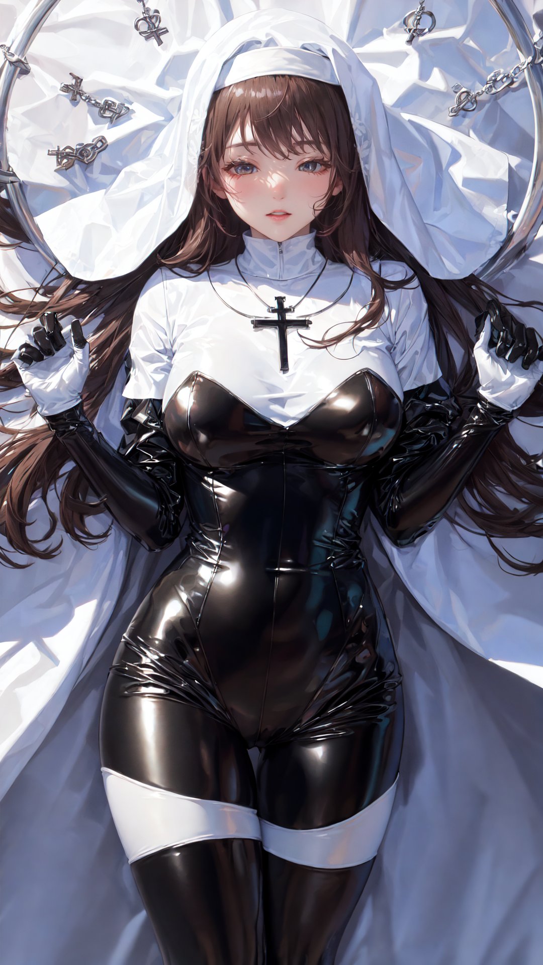 tutututu, nun,cross necklace, latex bodysuit, shiny clothes,thigh_boots,(masterpiece, best quality, high resolution), white hands emerging from a singularity, sleeping face, many hands, vortex, intricate detail, 8k, hdr, <lora:tutu修女:0.65>