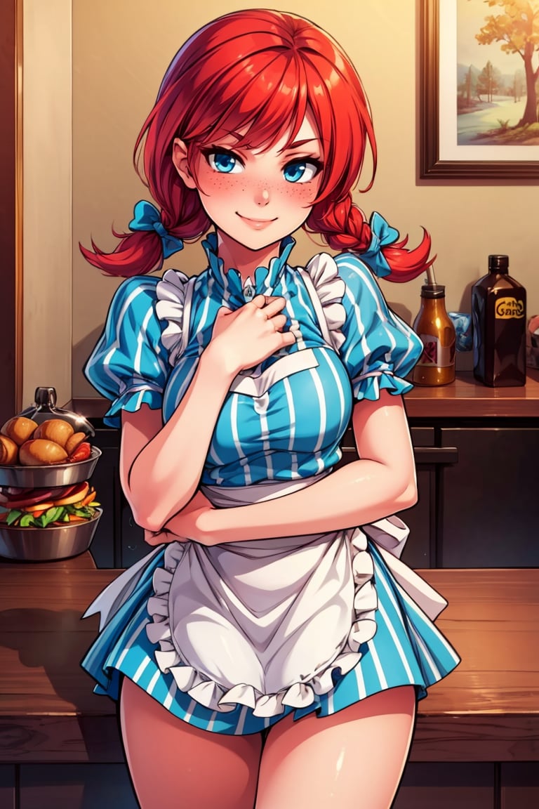 ((masterpiece,best quality)), highres,<lora:Wendy_Wendys:0.8>,wendy (wendys),red hair, blue eyes, blush,apron,  bow, hair bow, sidelocks, smug, smile, striped,solo, smile, looking at viewer, cowboy shot, 