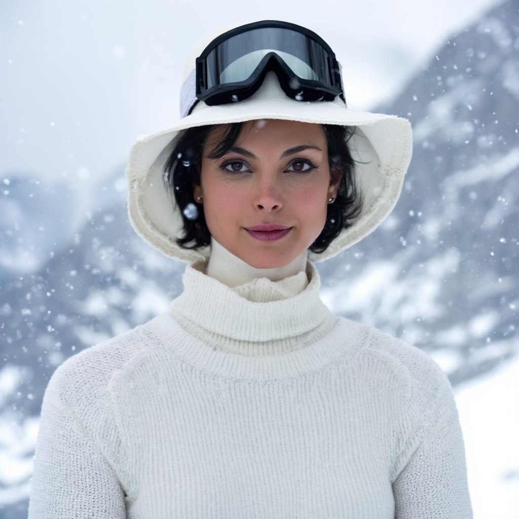 morena_baccarin, a close-up portrait of a woman standing in front of a snow covered mountain. It is snowing lightly. She is wearing a white hat and a white sweater and black gloves. She has black goggles on top of the hat. <lora:MorenaBaccarinF1D:1>