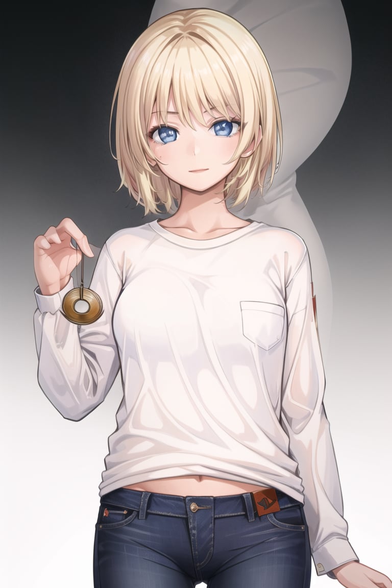 masterpiece, best quality, CG, wallpaper, HDR, high quality, high-definition, extremely detailed, hypnotizing viewer, white shirt, jeans, blonde hair, short hair, blue eyes