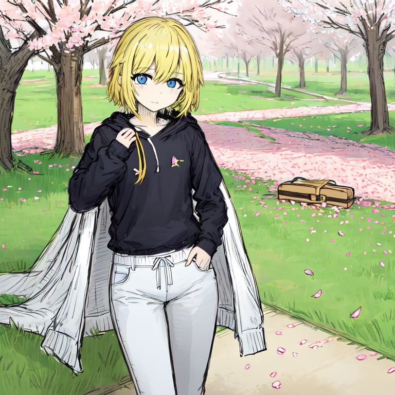 masterpiece, best quality, bs_style, 1girl, solo, lightgoldenrod yellow hair, aliceblue eyes, cowboy shot, Straight-leg pants, crewneck sweatshirt, slide sandals, picnic, cherry blossom tree, (spring:1.2), petals, grass, blanket, soft light, leisure, outdoors, flowers,  <lora:bs_style:0.8>