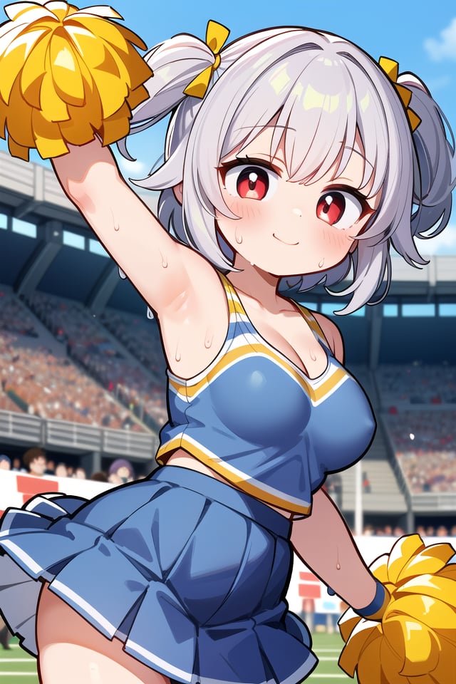 insanely detailed, absurdres, ultra-highres, ultra-detailed, best quality,1girl, solo, nice hands, perfect handsBREAK(cheering, cheerleader girl, holding pom-poms, cheerleader costume, sweat:1.3)BREAKhappy smile, laugh, closed mouthBREAKfrom below,cowboy shot, looking at viewer,BREAKslender, kawaii, perfect symmetrical face, ultra cute girl, ultra cute face, ultra detailed eyes, ultra detailed hair, ultra cute, ultra beautifulBREAK(crowds, spectators, audience:1.3),in school ground, sports festival, day, ultra detailed background,(very wide, panorama view, sense of depth, magnificent view:1.3)BREAKlarge breasts, cleavage, (navel:-1)BREAK(grey hair, red eyes), medium hair, hime cut