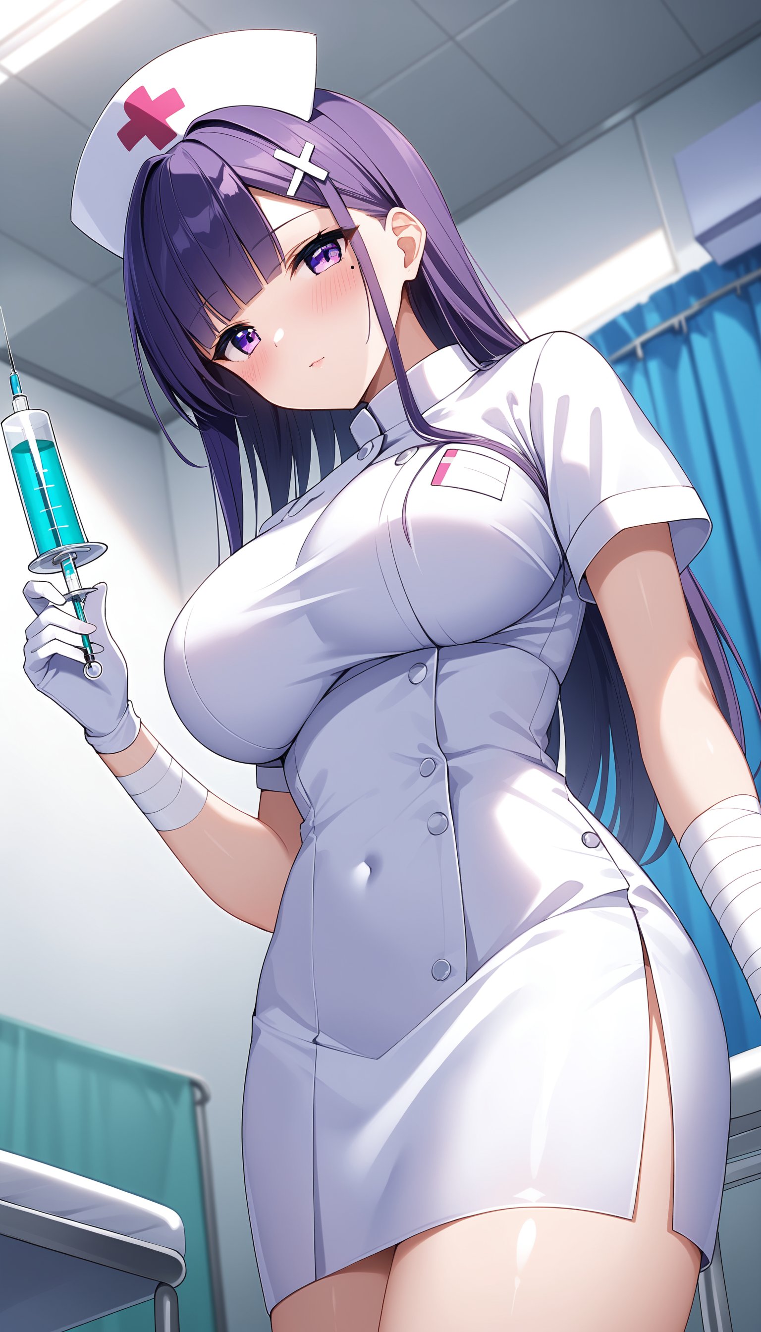 score_9, score_8_up, score_7_up, intricate details,1girl, long hair, purple hair, blunt bangs, hat, nurse cap, x hair ornament, mole under eye, eyes visible through hair, blush, large breasts, nurse, white dress, short sleeves, bandaged arm, white gloves, syringe, holding syringe, dutch angle, indoors, hospital, 