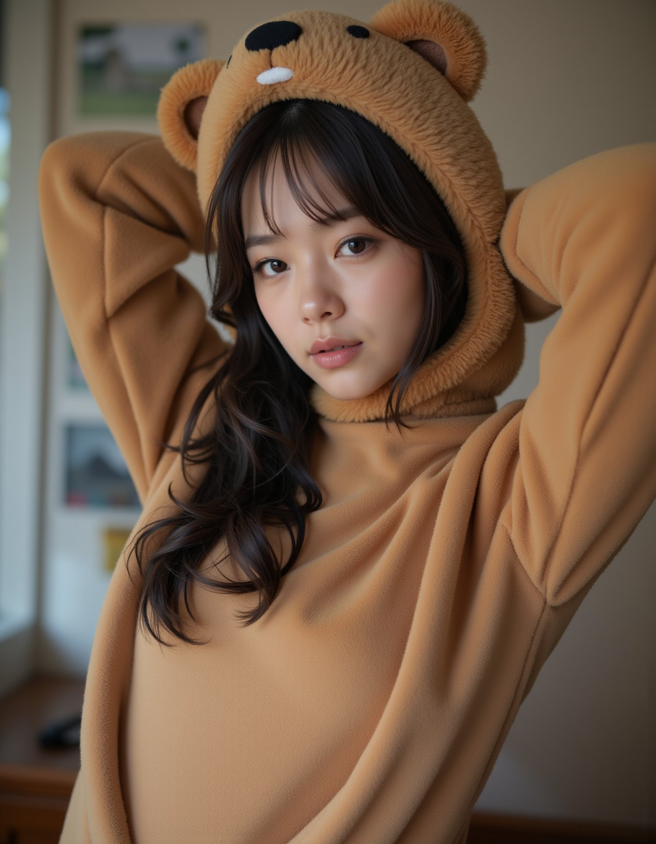 best quality, masterpiece, realism, realistic, long sweater fur-suit with bear costume, hands behind the head, cheats cutout, analogue photo of adult girl in costume, looking at viewer, long hair, extremely beautiful detailed face, medium breasts, (cute face, temptations look), eye level, professional photo, high contrast exposure, soft bokeh, high key light, hard shadow, soft bokeh, playful theme,