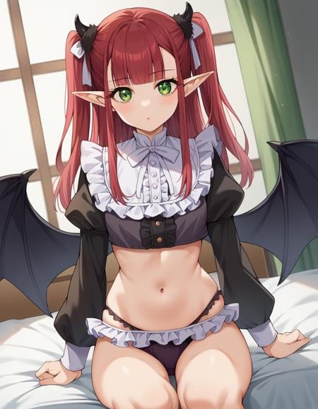 score_9, score_8_up, score_7_up, source_anime, marinkitagawa, <lora:marin-kitagawa-ponyxl-lora-nochekaiser:1>, liz kyun, long hair, bangs, shirt, long sleeves, navel, underwear, green eyes, panties, red hair, frills, wings, horns, pointy ears, midriff, puffy sleeves, blunt bangs, stomach, two side up, cosplay, demon girl, demon horns, white ribbon, black wings, demon wings, frilled shirt, frilled panties,indoors, bed, sitting,looking at viewer, cowboy shot, dutch angle, dynamic pose,