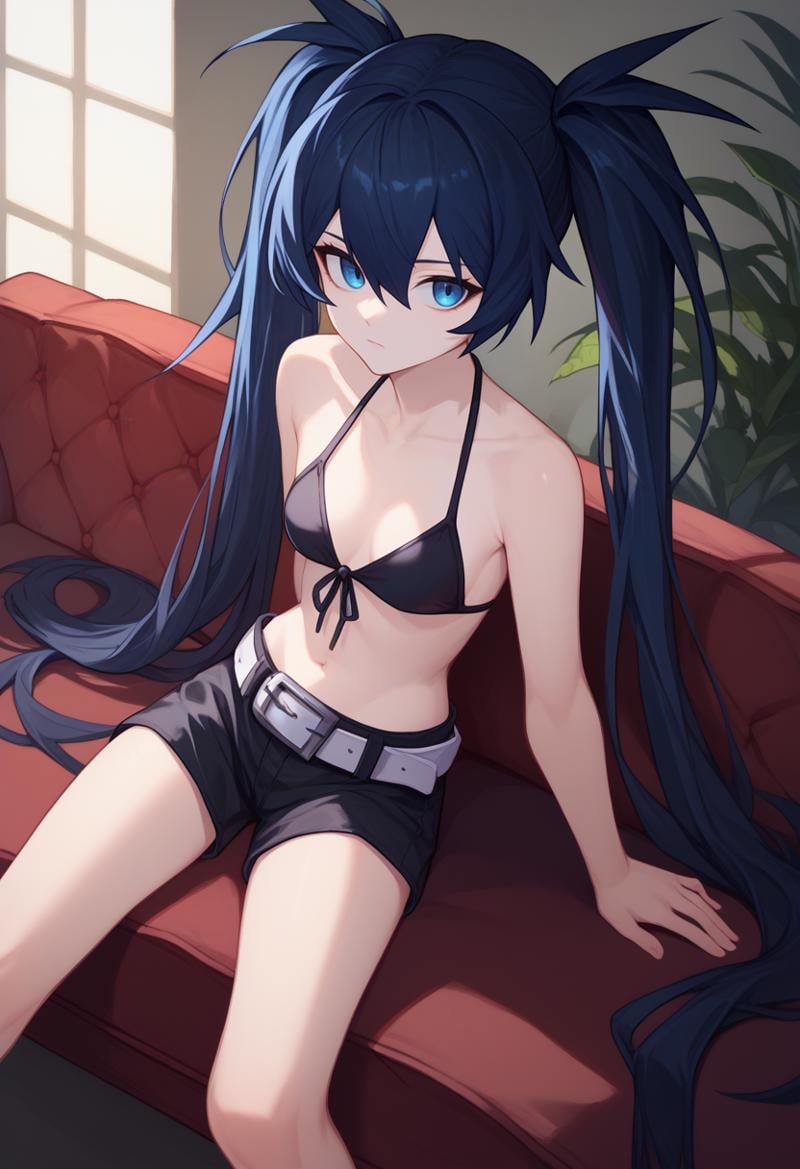 score_9, score_8_up, score_7_up, solo, 1girl, blackrockshooter, pale skin, expressionless, looking at viewer, sitting, couch, twintails, black bikini, bikini top only, front-tie bikini top, black shorts, short shorts, white belt, belt buckle, bare shoulders, midriff, indoors <lora:blackrockshooter_blackrockshooter_ponyXL:1>