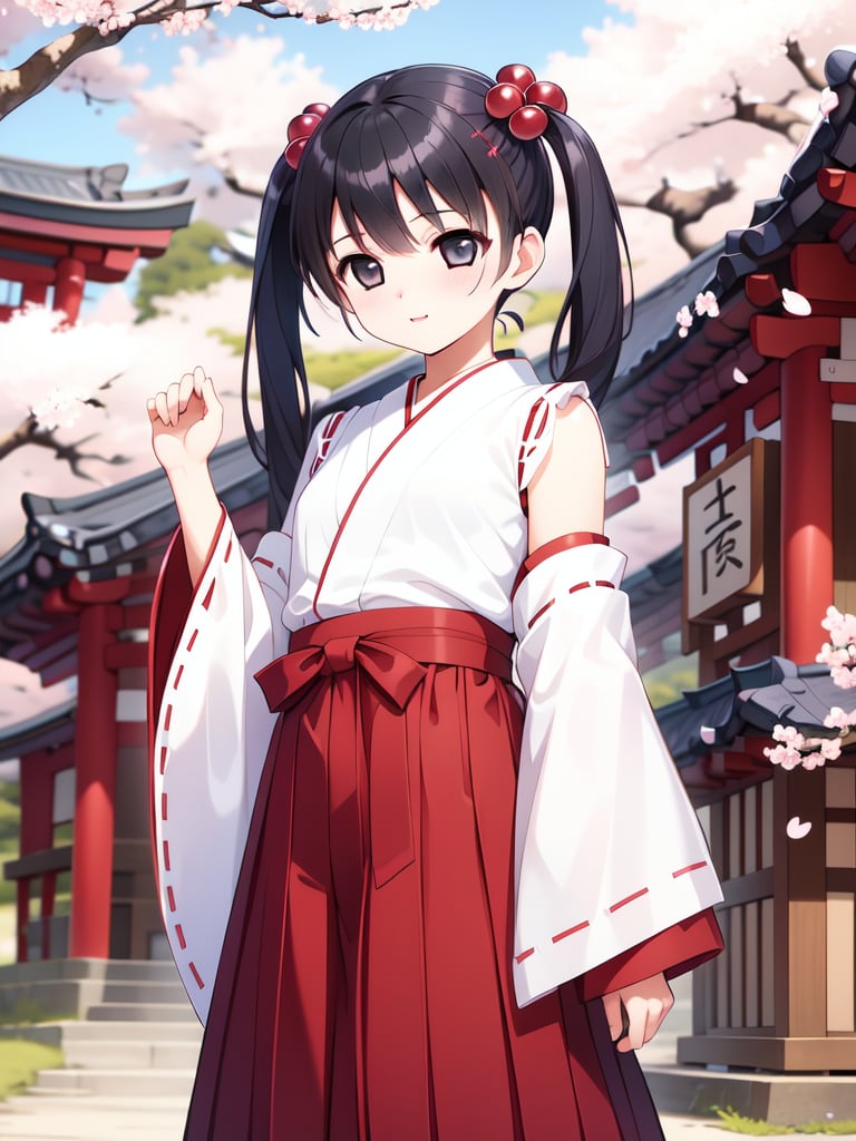 <lora:Tsutsumi_Kinuka:0.8>, TsutsumiKinuka, 1girl, solo, hair ornament, hair bobbles,long hair, bangs,  twintails, black hair, black eyes, hair ornament, japanese white clothes, miko, red hakama, shrine, cherry blossom,masterpiece, high quality, very_high_resolution, large_filesize, full color,