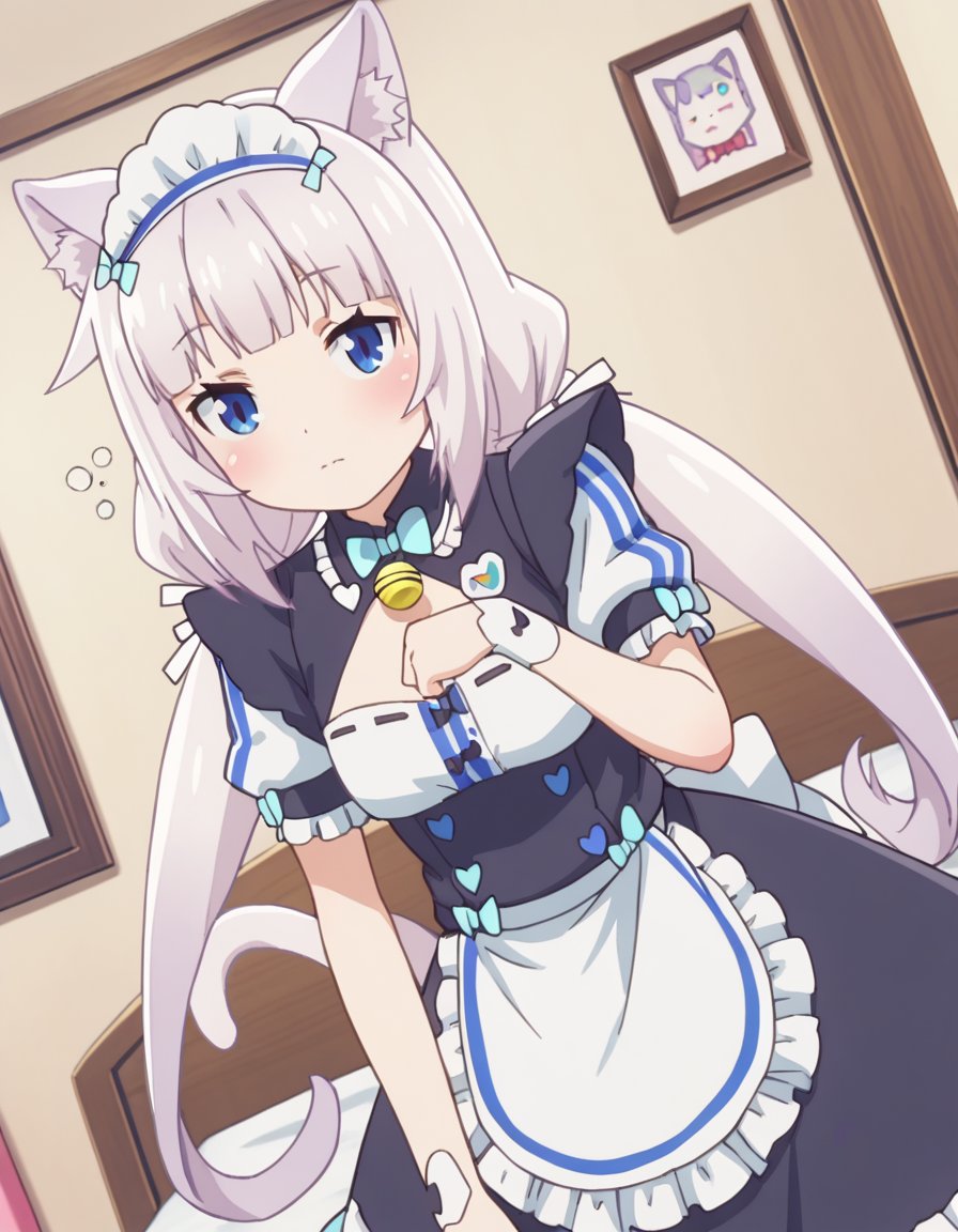 score_9, score_8_up, score_7_up, source_anime,nekoparavanilla, <lora:nekopara-vanilla-s1-ponyxl-lora-nochekaiser:1>,vanilla, long hair, bangs, blue eyes, animal ears, twintails, very long hair, white hair, cat ears, blunt bangs, animal ear fluff, low twintails, cat girl,dress, bow, tail, short sleeves, frills, bowtie, apron, cat tail, maid, maid headdress, bell, cat girl, waist apron, jingle bell, neck bell, waitress,indoors, bed, bed room, on side, blush, drunk,looking at viewer, solo, cowboy shot, dutch angle,