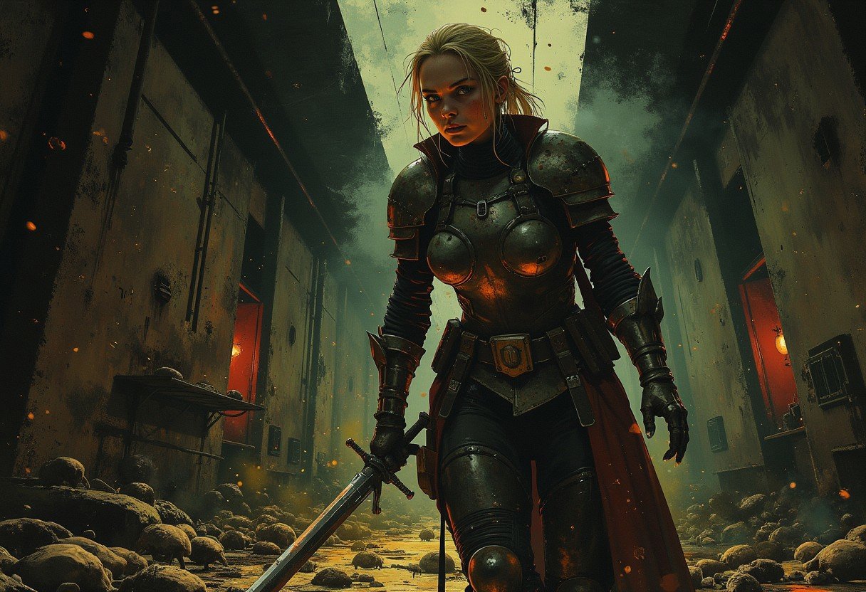 An incredible and realistic low fantasy image depicting a middle aged female knight navigating a sewer.  The scene is shot low and from the side, with an air of tension and imminent violence. She wears rusty fullplate baroque knight's armor with pewter embellishments and ornamentation, such as cherubim and hawks. Her plain face is worn and tense, with stringy blonde hair and staring, numb eyes. She is caked in filth. A drawn longsword is in her hand, ready for immediate use. She is the only person in the scene, but dim light is ahead of her. Swarming all about her is a veritable sea of hundreds of sewer rats, on the floor, walls, and ceiling. The tone is one of dark gothic horror and low fantasy. The picture is drawn with grim fantastical realism, highly detailed backgrounds, and perfect composition.