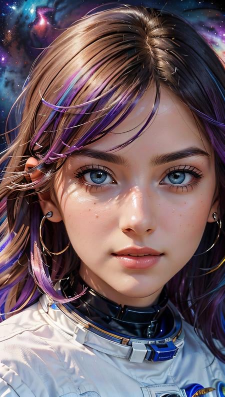 (best quality, masterpiece, perfect face, beautiful and aesthetic:1.2, colorful, dynamic angle, highest detailed face) fashion photography of cute astronaut girl with long iridiscent purple hair, in space (intricate details, hyperdetailed:1.15), detailed, sunlight passing through hair, (beautiful galaxy background), (high contrast, official space art, extreme detailed, highest detailed), HDR+