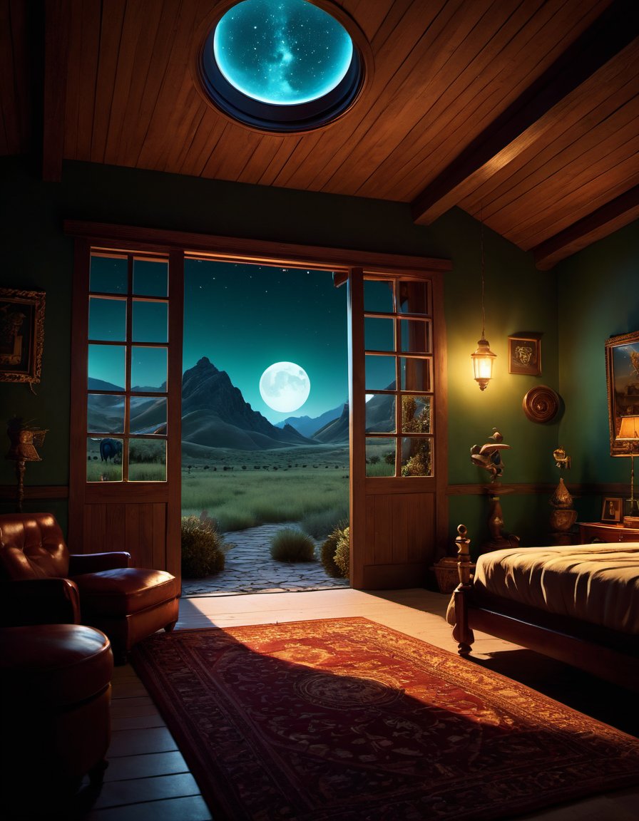 cinematic photo cartoon art by Cory Loftis, landscape of a Naboo from inside of a Ranch house, Pathetic, Cosy, Moonlight, "Hot in herre, so take off all your clothes.", comic, fun, extremely rich detail, unique, rich deep colors, fine polished, ambient illumination, rich vivid colors, dynamic, fine artistic composition . 35mm photograph, film, bokeh, professional, 4k, highly detailed