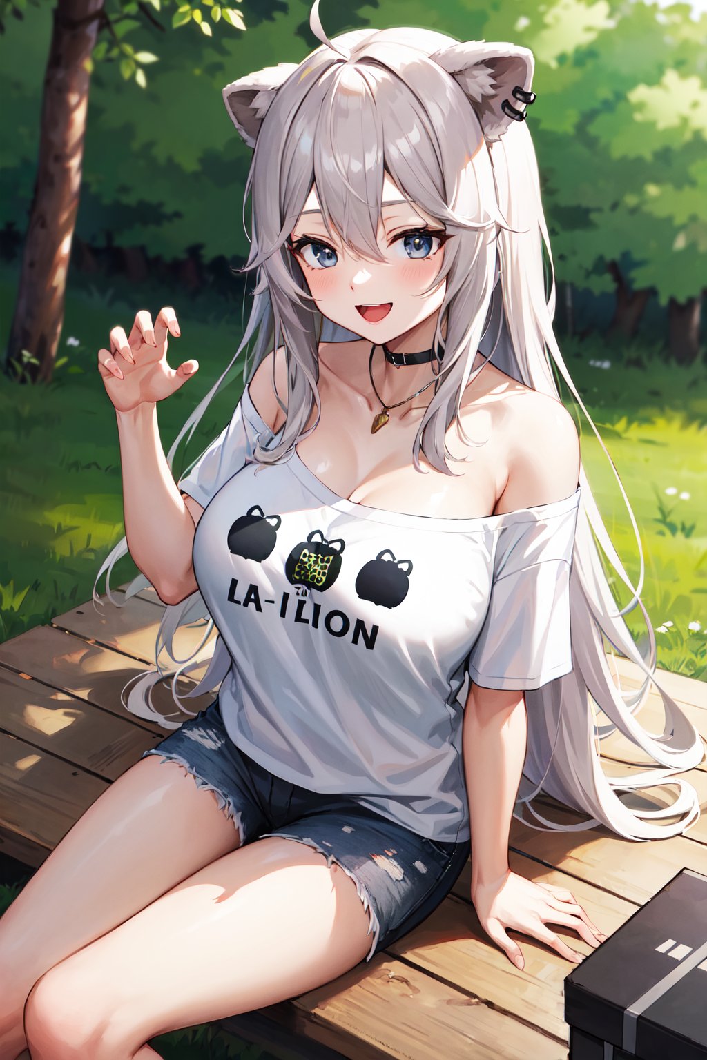 masterpiece, best quality, highres, eebotan, long hair, ahoge, animal ears, ear piercing, large breasts, black choker, collarbone, necklace, single bare shoulder, off shoulder, t-shirt, print shirt, white shirt, clothes writing, short sleeves, short shorts, <lora:shishiro_botan_v1:0.7>, outdoors, smile, open mouth, claw pose, sitting