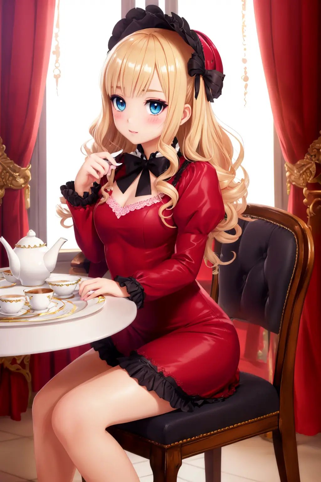 (((((noon,elegance tea party))))),ornate,(((dynamic angle))) (((1girl,solo))),(((sitting chair))),(looking ahead),table,sweets, window, curtain,(teenage), ((cutie pose)), ((red-lolita-fashion)), ((long sleeves red dress)), large bonnet, bowtie, ((frill)), ((pink hearts)) ((((shy)))), blush, blonde very long hair and two-side-up hair, ((disheveled curly hair)),blue wide eyes, beautiful detailed eyes, white shiny pupils, thorough and precise, cute iris, blush cheeks, make up, subtle ambient glow, global illumination, ultimate quallity,