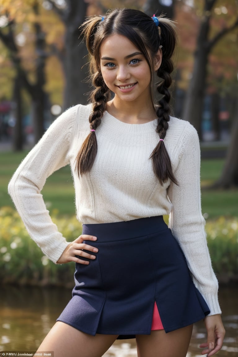 A young woman with a naughty charm stands confidently outside, her knee-high socks and mini skirt accentuating her well-formed physique against a blurred Japanese background. Braids and pigtails frame her bright blue eyes and sweet smile, while her waist and hips are nicely defined, showcasing petite yet perky firm breasts. Her skin has a realistic soft fabric texture with a natural glow, captured in stunning 8K RAW detail, highlighting the subtle smize and sharp definition of her features in a masterpiece-quality portrait.<lora:EMS-53312-EMS:0.800000>, <lora:EMS-410163-EMS:0.400000>, <lora:EMS-263-EMS:0.600000>