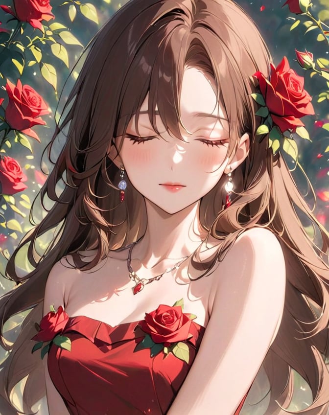 1girl,solo,jewelry,rose,red flower,earrings,necklace,flower,red lips,closed eyes,long hair,red rose,bare shoulders,brown hair,upper body,makeup,dress,collarbone,<lora:aki-luoling-01:1>,