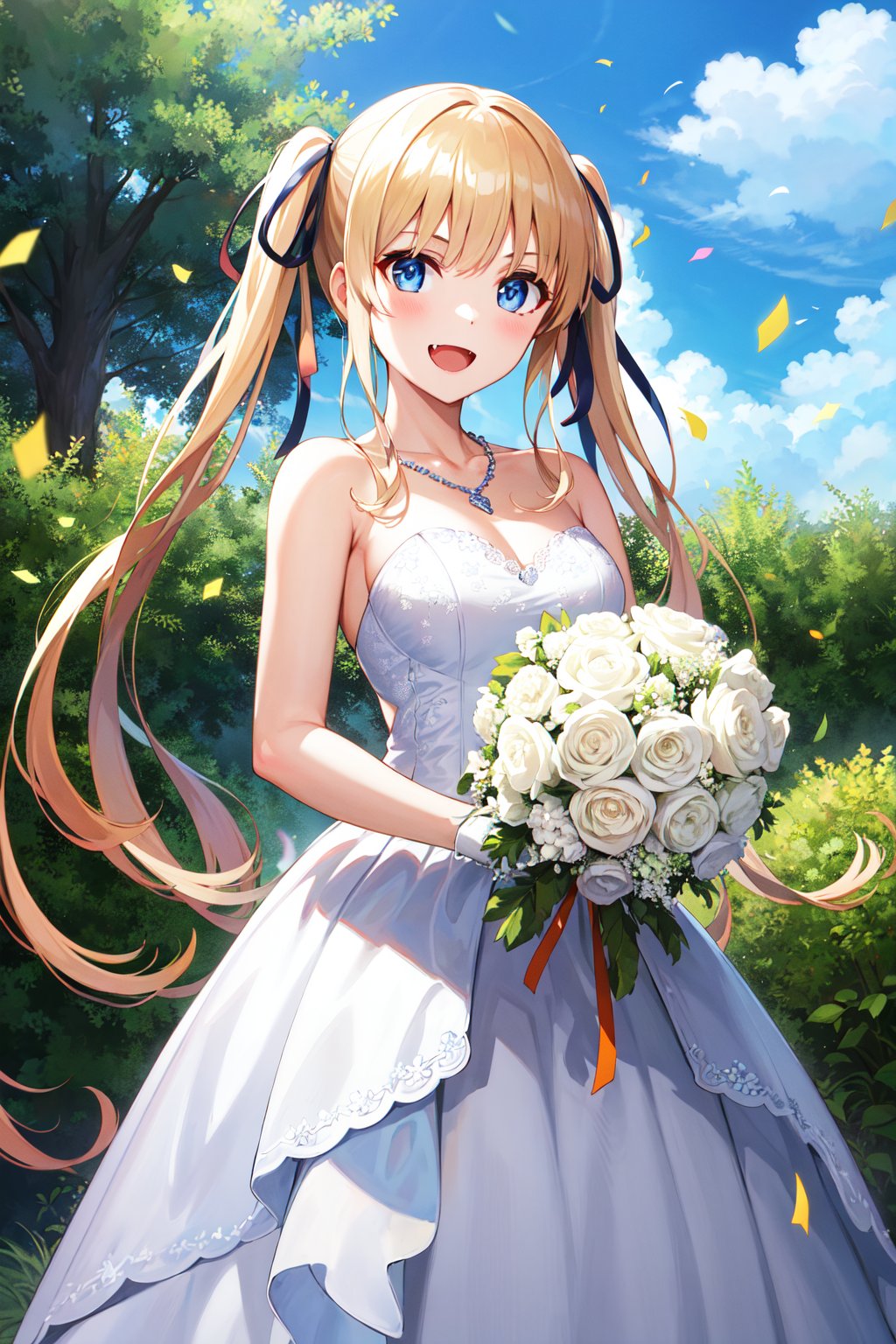 masterpiece, best quality, highres, aaeriri, long hair, twintails, hair ribbon, fang, <lora:sawamura_spencer_eriri_v1:0.7>, wedding dress, white gloves, holding bouquet, smile, open mouth, necklace, garden, cowboy shot, confetti, standing, cowboy shot