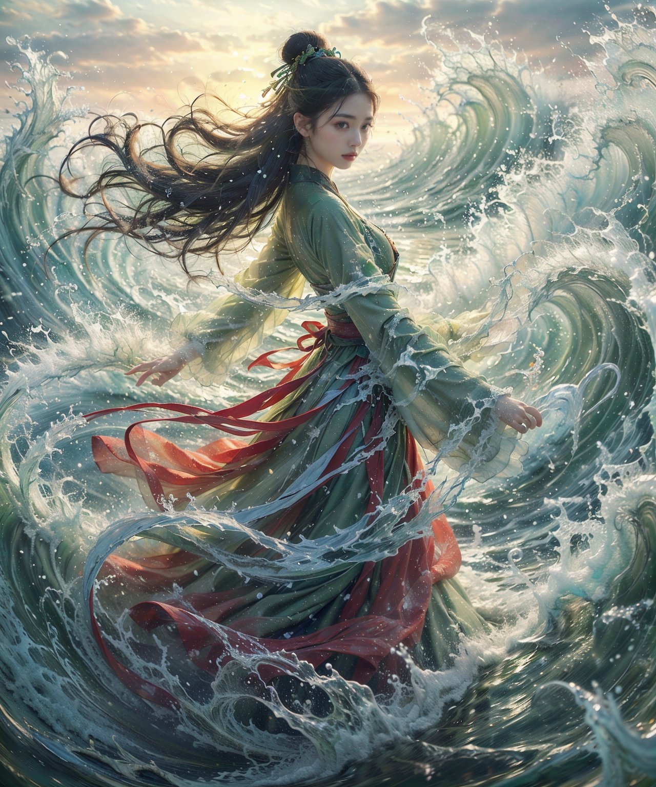 haifeisi,1girl,water,long hair,solo,black hair,waves,hair bun,chinese clothes,single hair bun,hanfu,long sleeves,blurry,jewelry,ocean,splashing,Best quality,masterpiece,ultra high res,<lora:20240122-1705924259525-0015:0.7>,<lora:GoodHands-beta2:1>,nsfw,nude, modified, merged, light cool deep colors, nice warm color, pretty detailed perfect, striking shiny intricate great composition, elegant, sharp focus, cinematic, fine aesthetic, extremely beautiful, stunning, enhanced, rich, pure, lovely wonderful