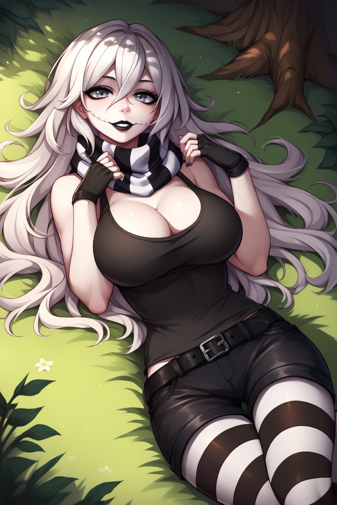 score_9, score_8_up, score_7_up, score_6_up, score_5_up, score_4_up, ZeroCYPAXL, white skin, colored skin, black lips, cheeks stitches, grey eyes, makeup, white hair, long hair, hair between eyes, large breasts, white scarf, striped scarf, cleavage, black tank top, black gloves, fingerless gloves, black belt, black shorts, striped pantyhose, solo, lying on grass, seductive smile, looking at viewer, forest, tree <lora:ZeroCYPAXL:0.8>