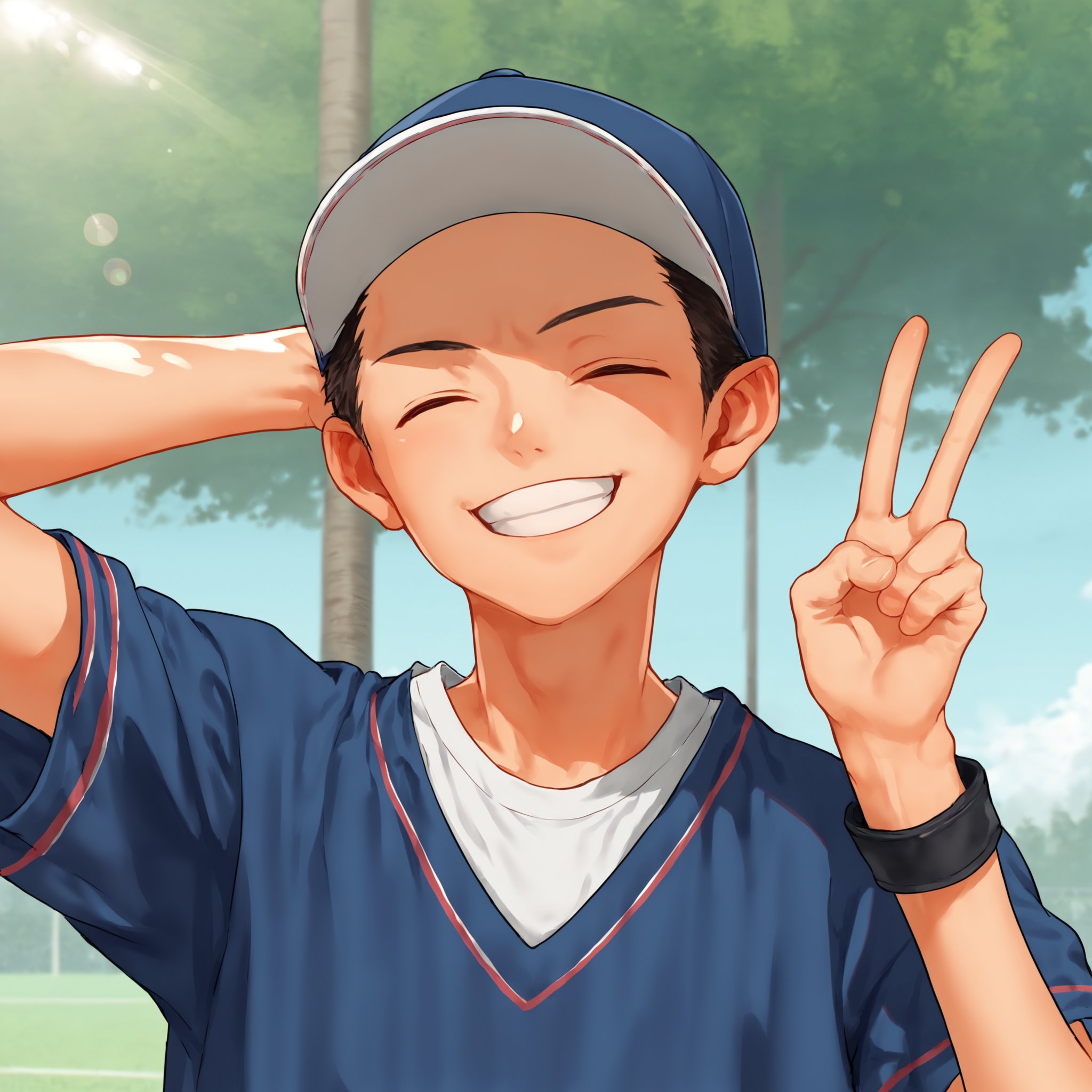 score_9, score_8_up, score_7_up, score_6_up, source_anime, outdoors, sunlight, fisheye, upper body, 1boy, solo, closed eyes, smile, baseball cap, peace sign, arm behind head <lora:fujimodoki-amxl-v1c-ShoAI:1>