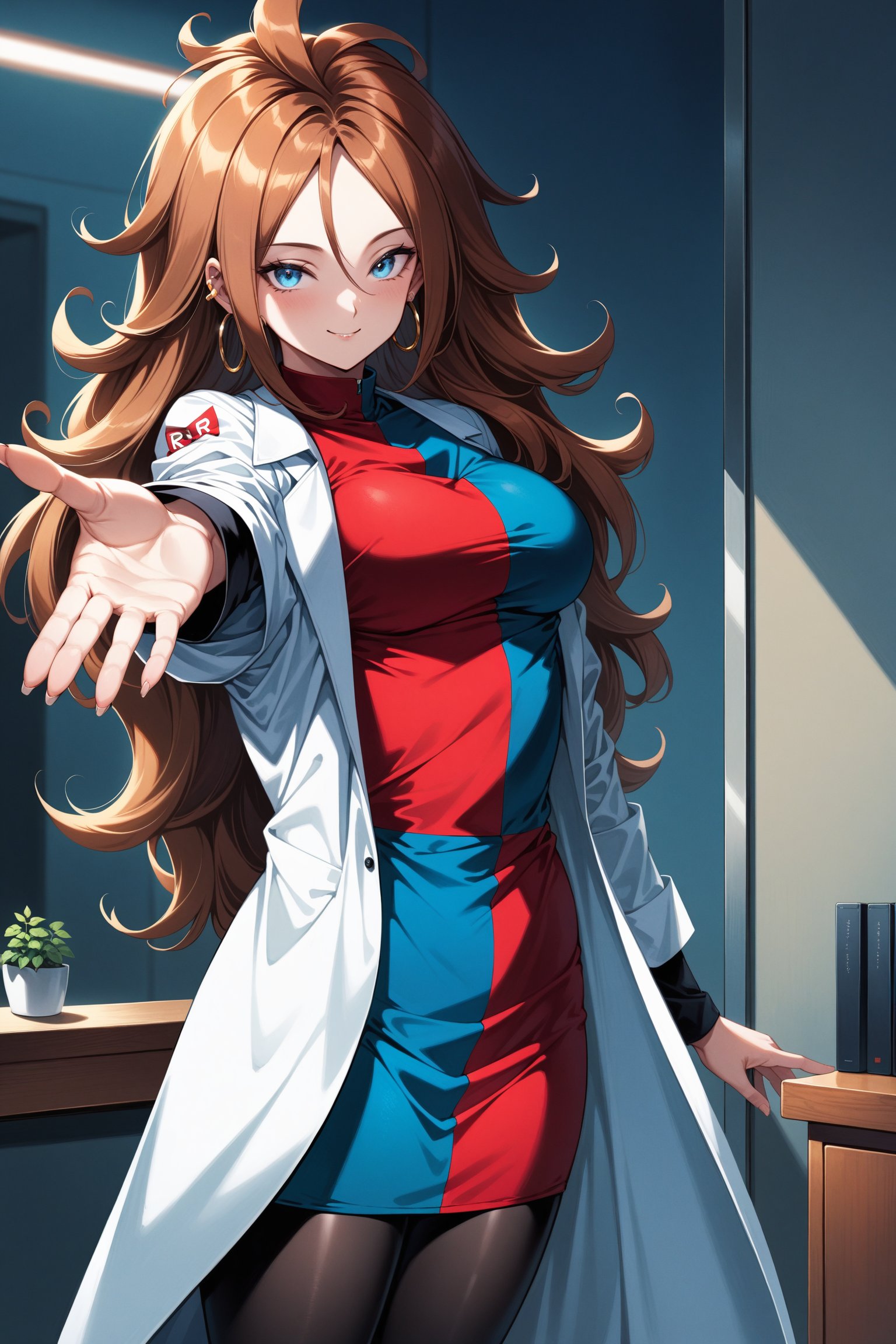 (masterpiece, best quality, very aesthetic, ultra detailed), intricate details, aaandro, brown hair, long hair, curly hair, blue eyes, hoop earrings, two-tone dress, checkered dress, white coat, labcoat, long sleeves, black pantyhose, <lora:android_21_XL_v1:0.9>, indoors, standing, cowboy shot, smile, reaching out,