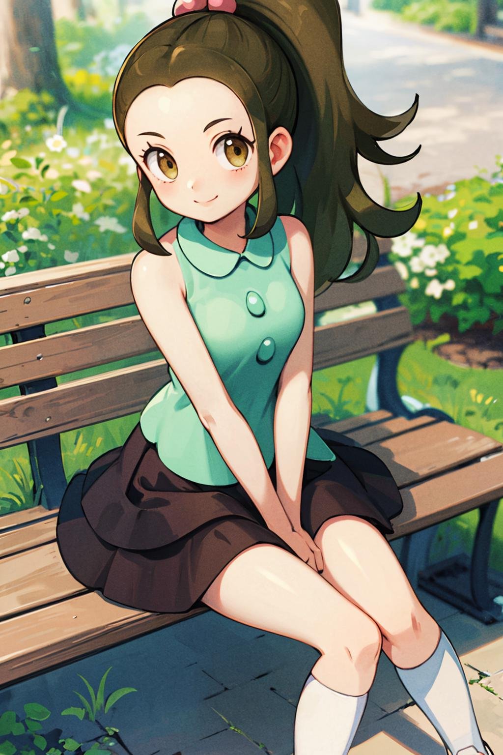 masterpiece,best quality,illustration,beautiful detailed girl, highres,1girl,<lora:GoodHands-beta2:1:lbw=MIDD>,nice hands, perfect hands,<lora:schoolkid oras:1>,schoolkid oras,hair bobbles,forehead,sleeveless shirt,brown skirt,kneehighs,sneakers,sitting,(full body:1.2),on bench,smile,looking at viewer,park,(hands between legs:1.2)