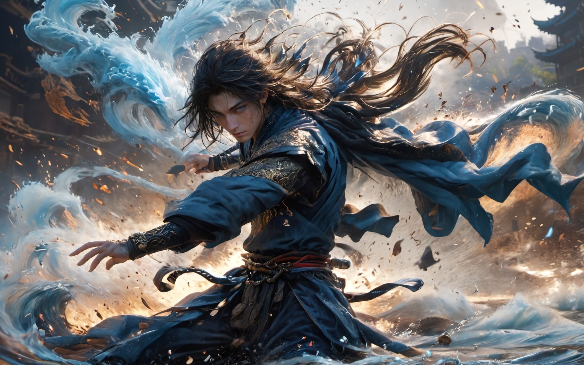 XUER martial arts style,solo,long hair,looking at viewer,blue eyes,brown hair,black hair,hair ornament,long sleeves,1boy,standing,male focus,wide sleeves,water,black chinese clothes,gauntlets,smoke,waves,Splattered black ink,Detailed text,<lora:绪儿XL 武侠:0.8>,highly detailed,ultra-high resolution,32K UHD,low saturations,dim lighting,extremely beautiful skin,natural skin texture,high detailed skin,(detailed skin:1.5),photorealistic,extreme detail,lifelike,crisp,precise,35mm photograph,film,bokeh,professional,highly detailed,A shot with tension,(Visual impact,giving the poster a dynamic and visually striking appearance:1.2),impactful picture,golden hour,offcial art,colorful,splash of color,movie perspective,very aesthetic,disheveled hair,perfect composition,moist skin,intricate details,moody,epic,photorealistic,color graded cinematic,atmospheric lighting,award winning photo,film grain,(glaring:1.2),disgust,jitome,panorama,huge filesize,(wide shot, wide-angle lens,Panoramic:1.2),super vista,super wide Angle,Low Angle shooting,super wide lens,(full body:1.5),