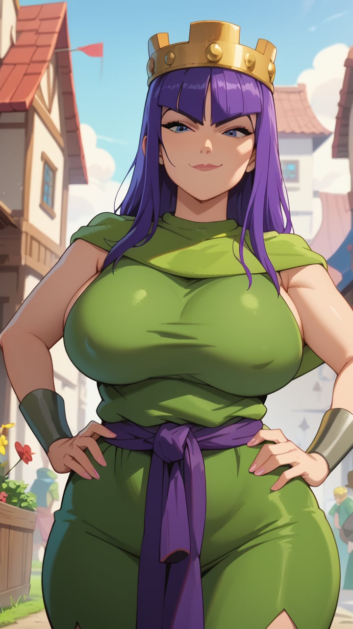 score_9_up, score_8_up, score_7_up, anime screencap, 1girl, archer_queen, purple hair, milf, large breasts, wide hips, hand on hip, smirk, looking_at_viewer<lora:EMS-461189-EMS:1.000000>