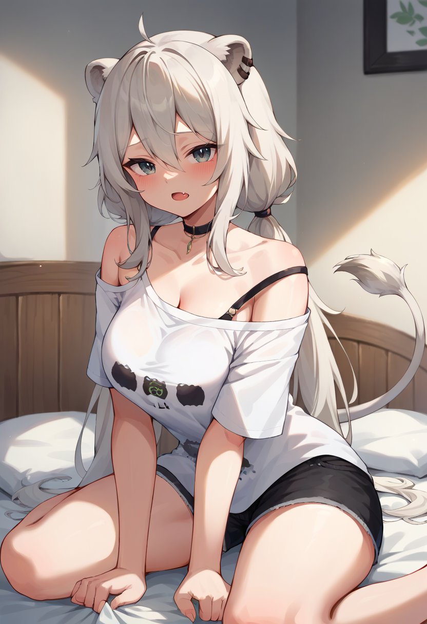 core_9, score_8_up, score_7_up, BotanCasual, long hair, low twintails, lion tail, black choker, loose white t-shirt, single bare shoulder, bra strap, black shorts, fang, blush, seiza, on bed, indoors, dim light, <lora:ShishiroBotanPDXL:1>