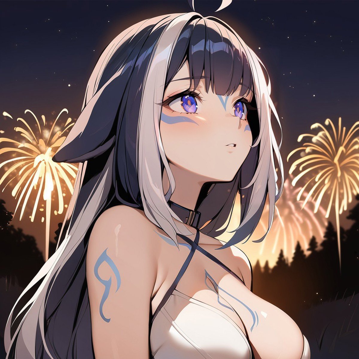 1girl, solo, Shylily, detailed face, detailed eyes, in forest, fireworks shoot in distance, at night, looking up, looking into distance, masterpiece, best quality <lora:Shylily-000003:1.0>