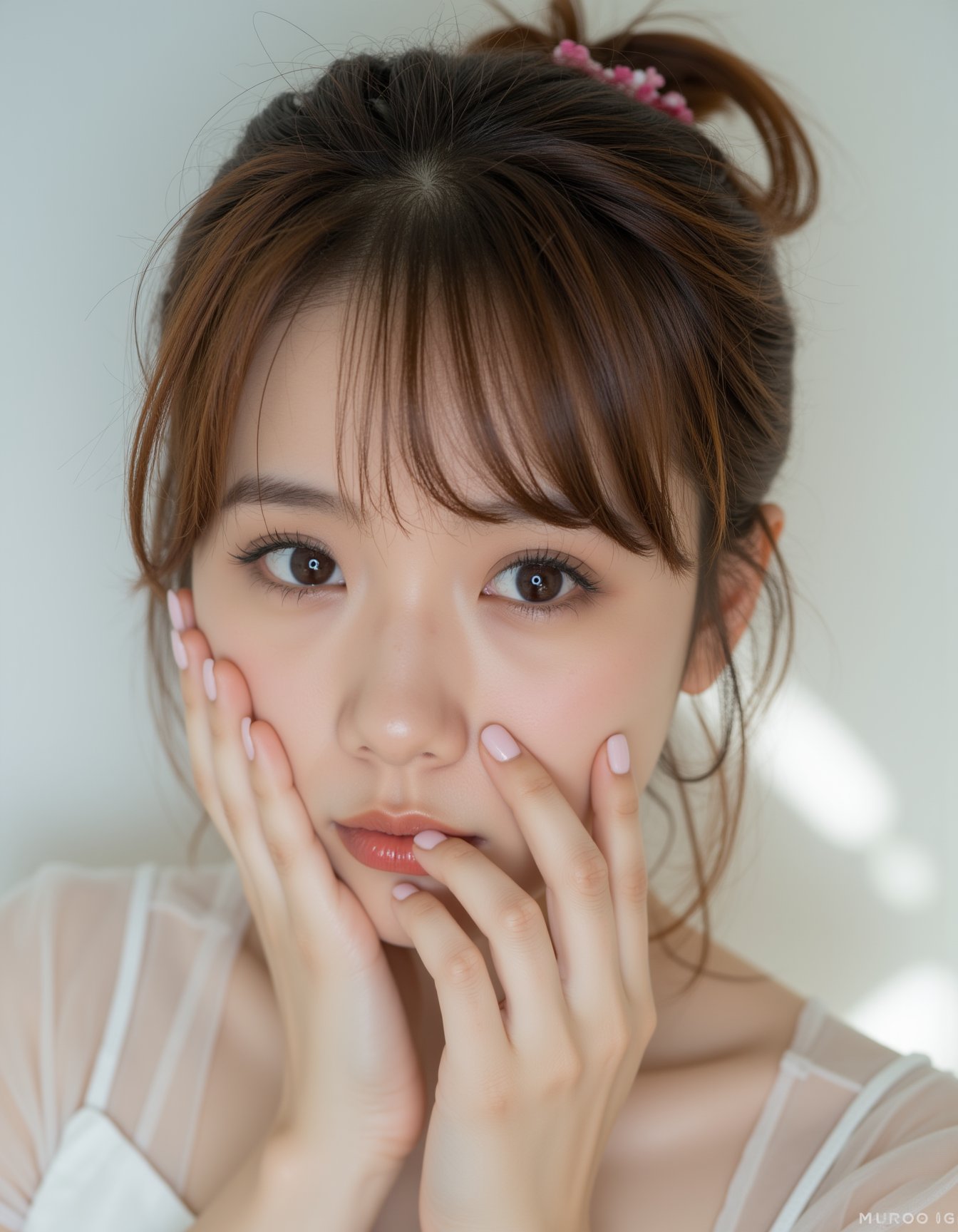 best quality, masterpiece, raw photo of a female in white dress, close up face, brown hair, fashion accessories, looking at viewer, indoor, day time, professional photo, high contrast exposure, soft bokeh, high key light, hard shadow, soft bokeh, simple background, white background, hands covered mouth,