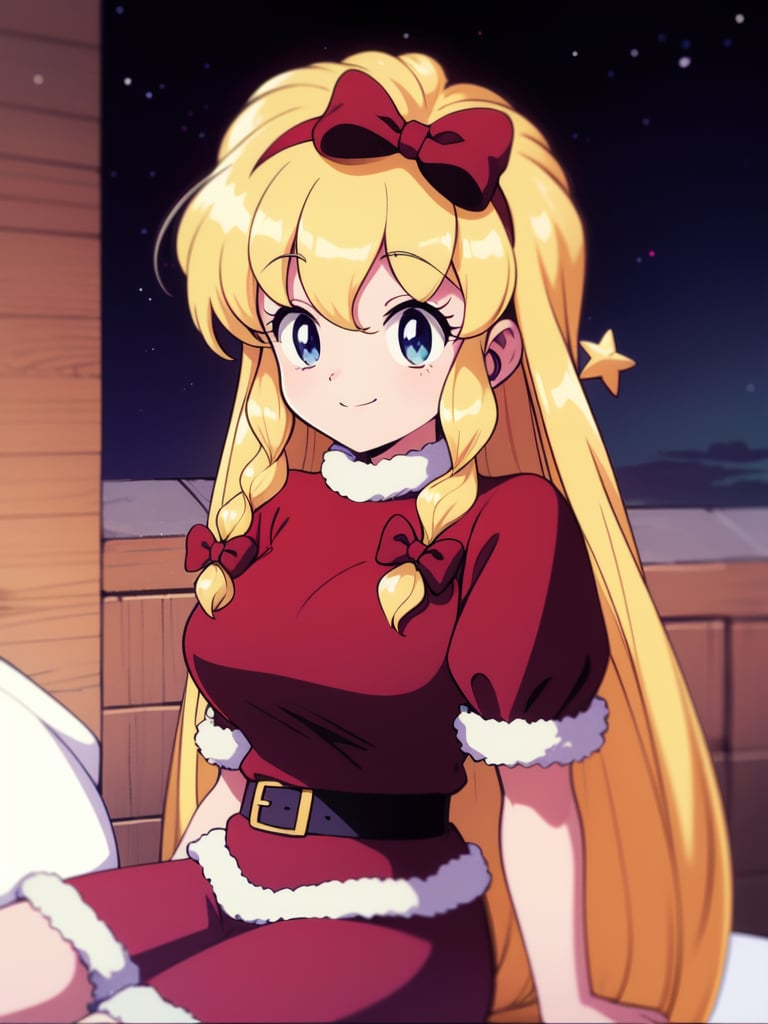 <lora:Maria_Renard:0.8> MariaRenard, very_long_hair, blonde_hair, blue_eyes, braid, hair_bow, red_bow, twin_braids, hairband, smile, large_breasts,Christmas, SantaClaus, night, starry sky, sitting,masterpiece, high quality, very_high_resolution, large_filesize, full color,　1990s \(style\), anime, anime_screencap, animated gif, mp4 ,video, animated, 