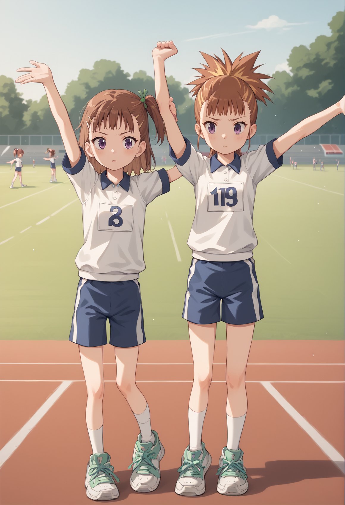 2girls, rika, Two-Tone Hair, multicolored hair, medium hair, blonde hair, brown hair, purple eyes, ponytail, juri, long hair, brown hair, one_side_up, brown eyes, bike shrots, gym uniform, socks, sneakers, stretching, outdoors, track field, <lora:RukiJuri:1>, score_9, score_8_up, score_7_up, score_6_up, score_5_up, score_4_up, BREAK source_anime, masterpiece