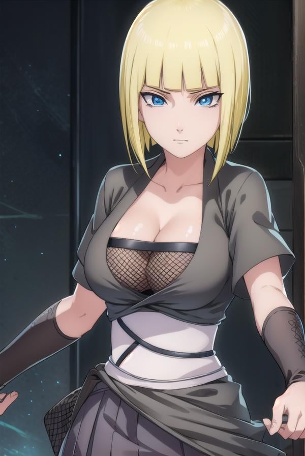 samui, <lora:samui-lora-nochekaiser:1>, samui, blue eyes, blonde hair, short hair, bangs, blunt bangs,BREAK cleavage, fishnets, dress, grey dress, skirt, grey skirt,BREAK cowboy shot, looking at viewer, BREAK indoors,BREAK <lyco:GoodHands-beta2:1>, (masterpiece:1.2), best quality, high resolution, unity 8k wallpaper, (illustration:0.8), (beautiful detailed eyes:1.6), extremely detailed face, perfect lighting, extremely detailed CG, (perfect hands, perfect anatomy),