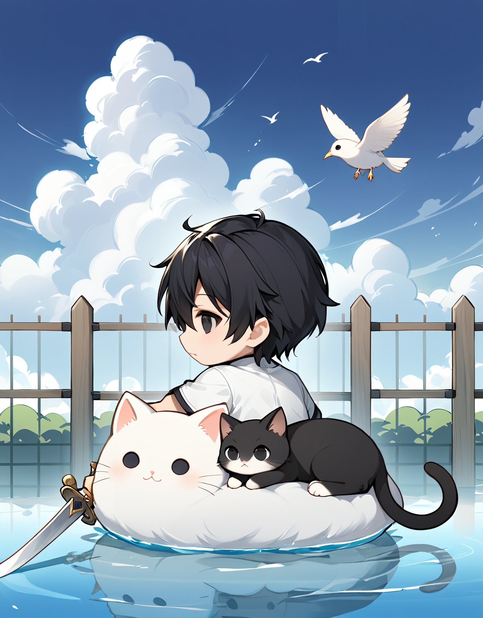 highres,best quality, 1boy, animal, bird, black eyes, black hair, cat, chibi, cloud, cloudy sky, day, fence, from behind, holding, holding sword, holding weapon, looking at viewer, looking back, lying, male focus, on side, outdoors, profile, short hair, sky, solo, sword, water, weapon