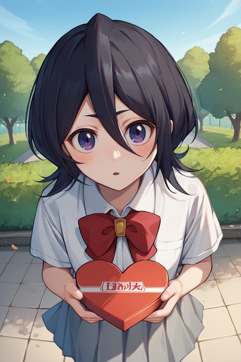 score_9, score_8_up, score_7_up, score_6_up, source_anime BREAK 1girl, solo,  <lora:rukia-pdxl-nvwls-v1-000006:1> defrka, black hair, black eyes, short hair, red bowtie, white shirt, grey skirt, holding heart-shaped box, blush, chestnut mouth, looking at you, blue sky, park, trees, from above