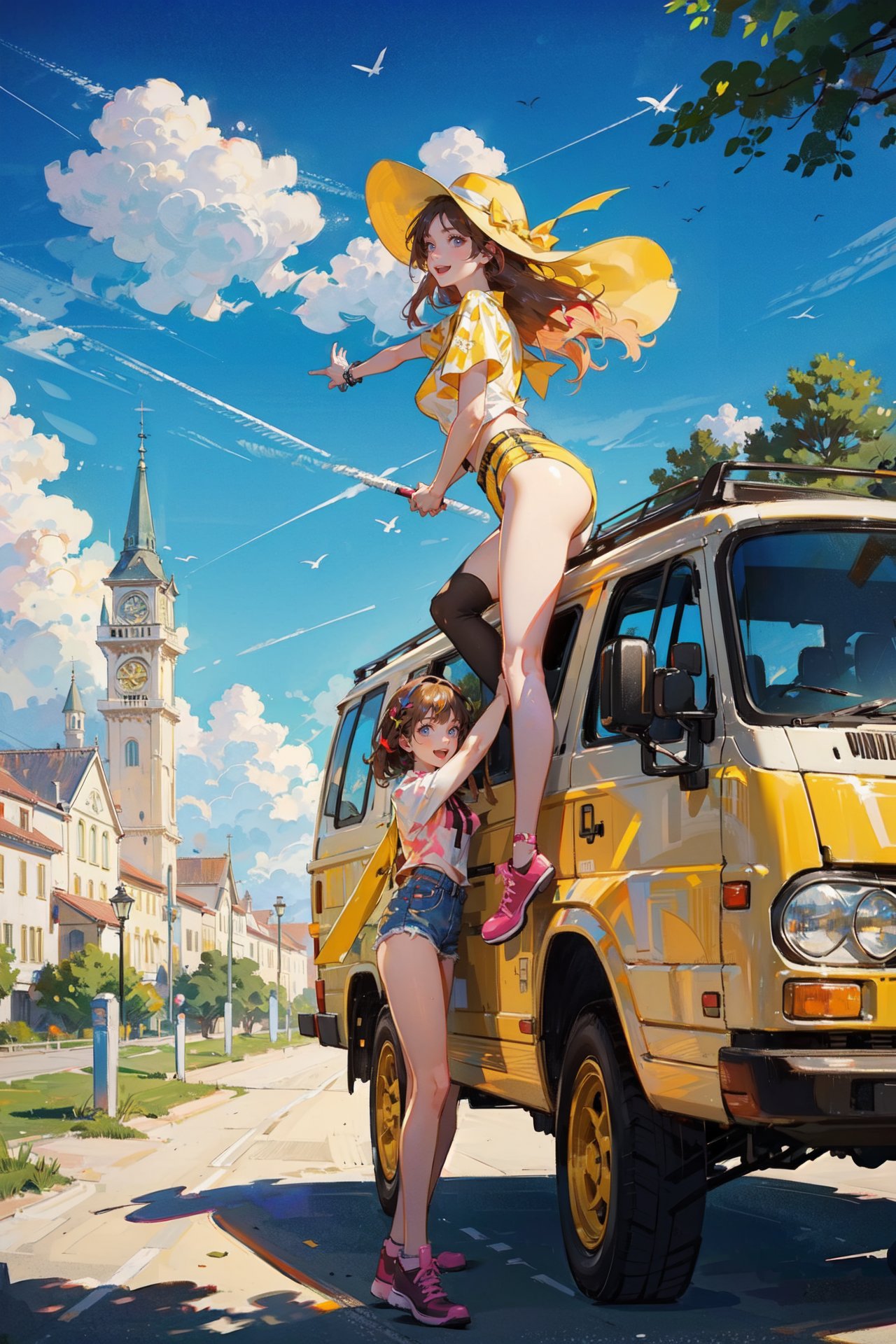 ((best quality, masterpiece, absurbres, super-resolution))  (Red and Yellow), friends having fun,  Summer trip, travel van