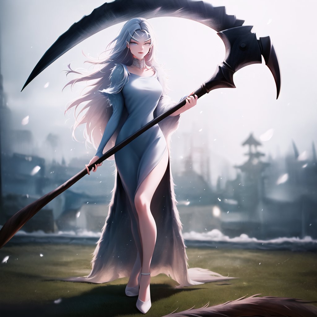 ((masterpiece)), ((best quality)), ((highres)), ((finely detail)), 1girl,priscilla the crossbreed, <lora:priscilla_the_crossbreed:1>, full body, white dress, standing, holding scythe