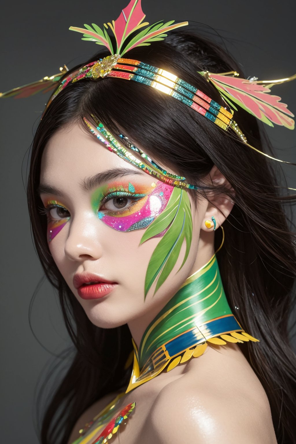 masterpiece,best quality,ultra high res,1girl,colorful tashan makeup,upper body,<lora:20240401caizhuang-v1.2:0.7>,Leafhopper headdress,Yrayvray,Plastic texture,Close-up view,