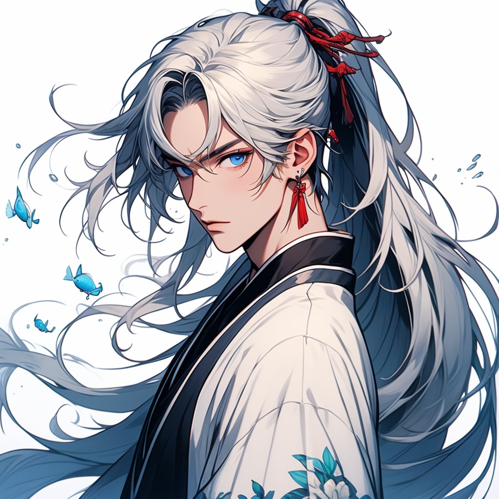 (masterpiece:1.2), best quality,PIXIV, splashing ink,long hair, fish, solo, hanfu, Chinese clothes, white background, jewelry, blue eyes, earrings, male focus, white hair, 1boy, sash, looking at viewer, simple background, floral print, floating hair, from side, hair ornament, upper body, long sleeves, goldfish, bangs, koi, obi, ponytail, water, white kimono, closed mouth