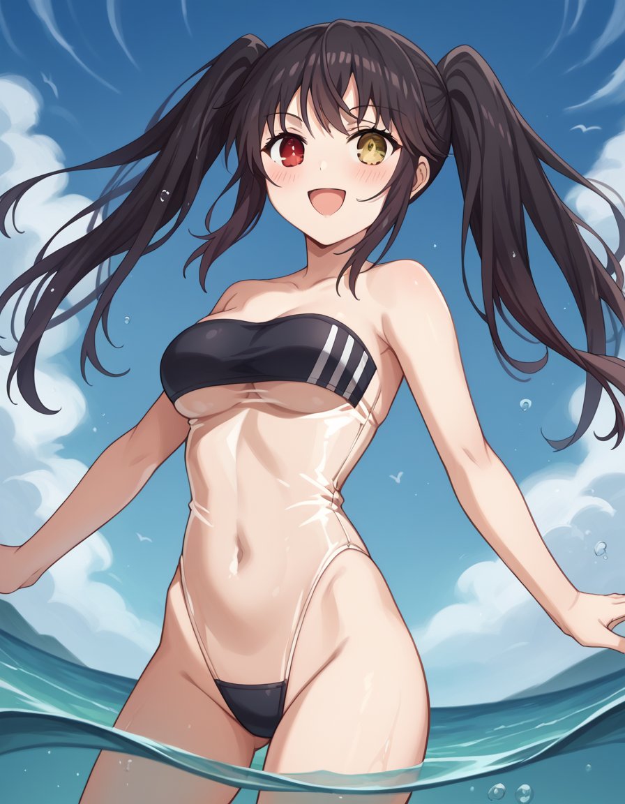 score_9, score_8_up, score_7_up, source_anime, kurumitokisaki, <lora:kurumi-tokisaki-s4s5-ponyxl-lora-nochekaiser:1>, kurumi tokisaki, black hair, red eyes, long hair, twintails, yellow eyes, heterochromia, clock eyes, medium breasts,, <lora:gris-swimsuit-ponyxl-lora-nochekaiser:1>, gris swimsuit, see-through one-piece swimsuit, strapless one-piece swimsuit, double verticle stripe, highleg swimsuit, covered navel, see-through, strapless, underboob,, outdoors, beach, submerged, water, blush, smile, open mouth,, cowboy shot, dutch angle,