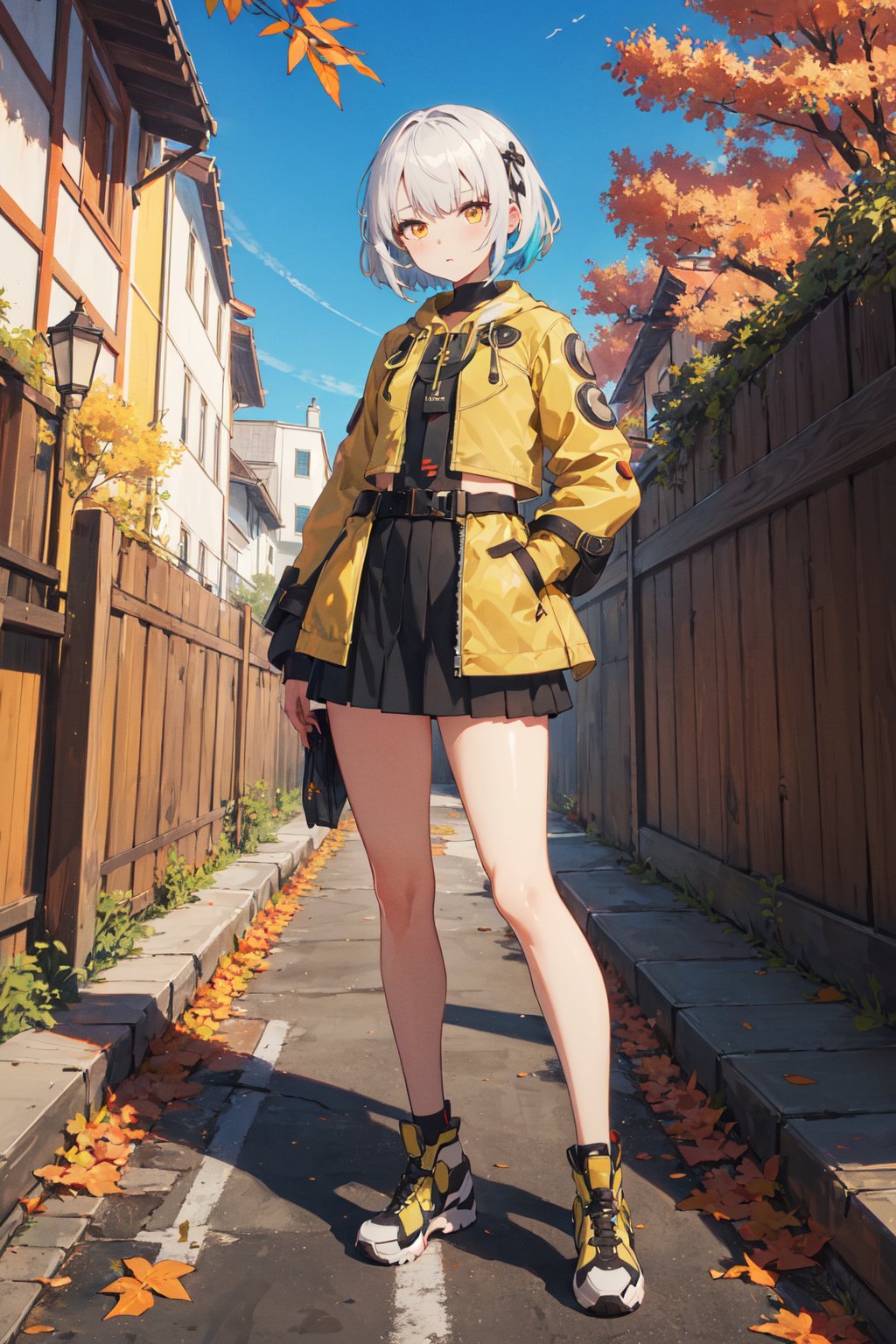 <lora:Anby-000020:0.6>,Anby CYQL,1girl,looking at viewer,solo,short hair,white hair,yellow eyes,(Faux leather trench coat with a glossy finish:1.3),(smug:1.2),(panorama:1.3),In the golden season of autumn, maple leaves blaze like flames, covering the hillsides in hues of red and yellow. Fallen leaves pave paths of brilliance,beautiful detailed sky,beautiful detailed glow,posing in front of a colorful and dynamic background,masterpiece,best quality,beautiful and aesthetic,contrapposto,female focus,wallpaper,