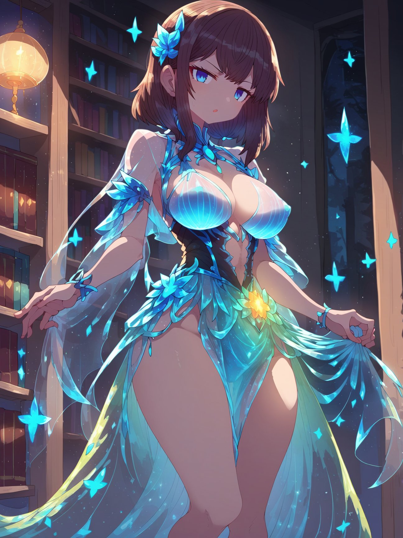 score_9, score_8_up, score_7_up, best quality, masterpiece, 4k, uncensored, perfect lighting, rating_explicit, very aesthetic, anime BREAKbeautiful woman wearing a blue bioluminescent dress, <lora:bioluminescent_dress-PD-1.0:1>,dark brown hair Side Bangs,large breasts,sumiyao_(amam),(antique bookshelf),boom shot,hand in pocket relaxed pose,anger