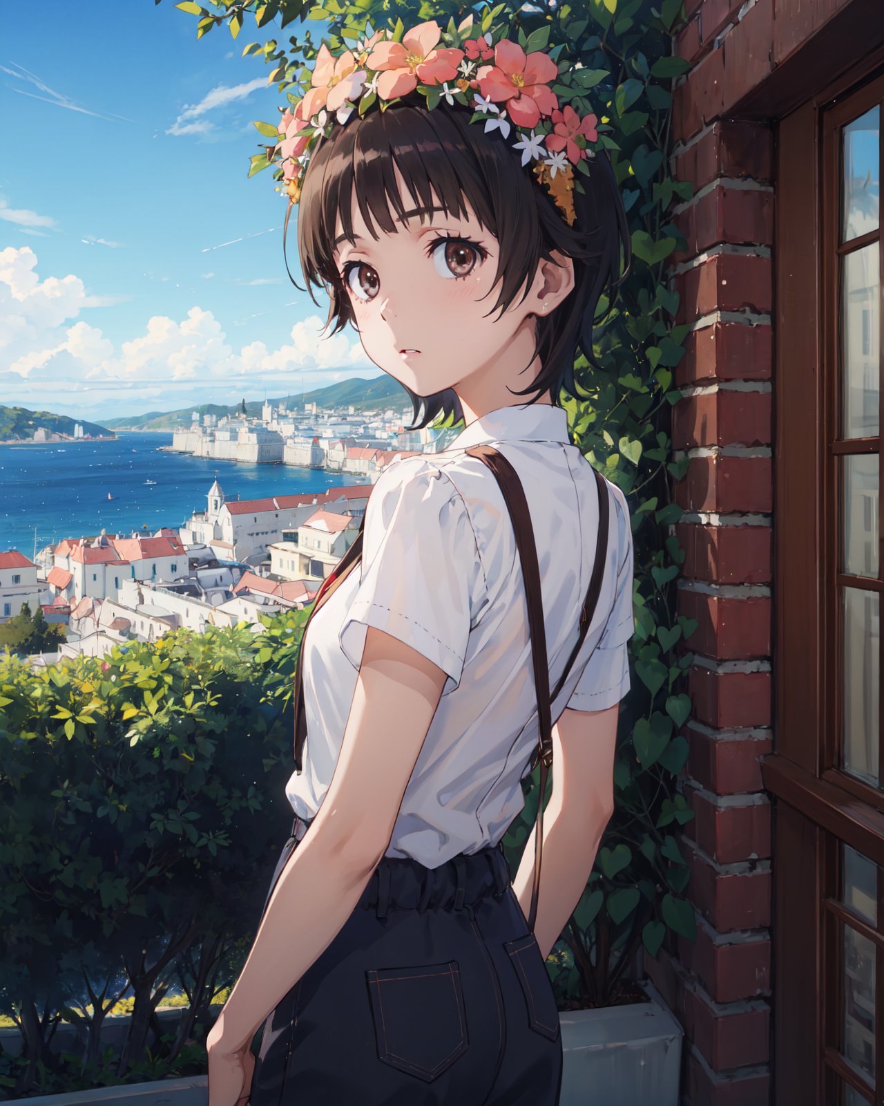 <lora:Uiharu-000007:0.8>,Uiharu CYQL,1girl,looking at viewer,solo,short hair,black hair,brown eyes,head wreath,flower,hair flower,,(shy:1.2),(portrait:1.1),from_back,Olive trees, Sea views, Whitewashed buildings, Olive harvest, Aegean breeze, Greek charm,beautiful detailed sky,beautiful detailed glow,posing in front of a colorful and dynamic background,masterpiece,best quality,beautiful and aesthetic,contrapposto,female focus,wallpaper,