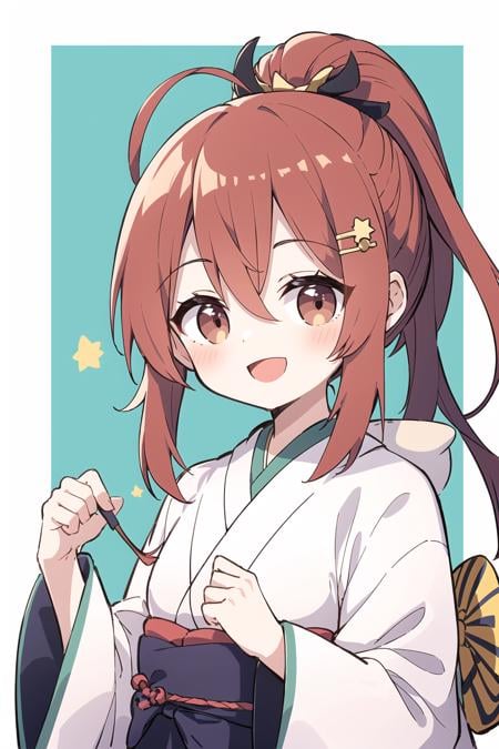 (rating:safe: 1.2), (1girl: 1.2), (solo: 1.2), (japanese_clothes: 1.1), (open_mouth), (long_hair), (hair_between_eyes), ponytail, white_kimono, simple_background, looking_at_viewer, hood, high_ponytail, upper_body, white_background, sidelocks, kimono, brown_eyes, smile, long_sleeves, hair_ornament, blush, :d, bangs, ahoge, eyebrows_visible_through_hair, star_(symbol)