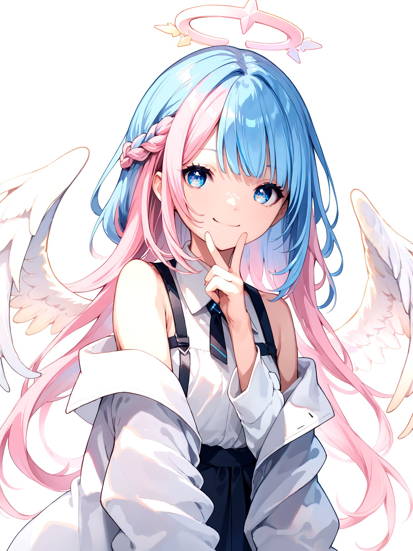 score_9,score_8_up,score_7_up,score_6_up,score_9,score_8_up,score_7_up,score_6_up,1girl,solo,halo,blue eyes,long hair,blue hair,multicolored hair,wings,smile,v,pink hair,looking at viewer,off shoulder,shirt,jacket,upper body,bangs,white jacket,braid,white background,white shirt,virtual youtuber,long sleeves,collared shirt,streaked hair,bare shoulders,simple background,angel,hand up,angel wings,